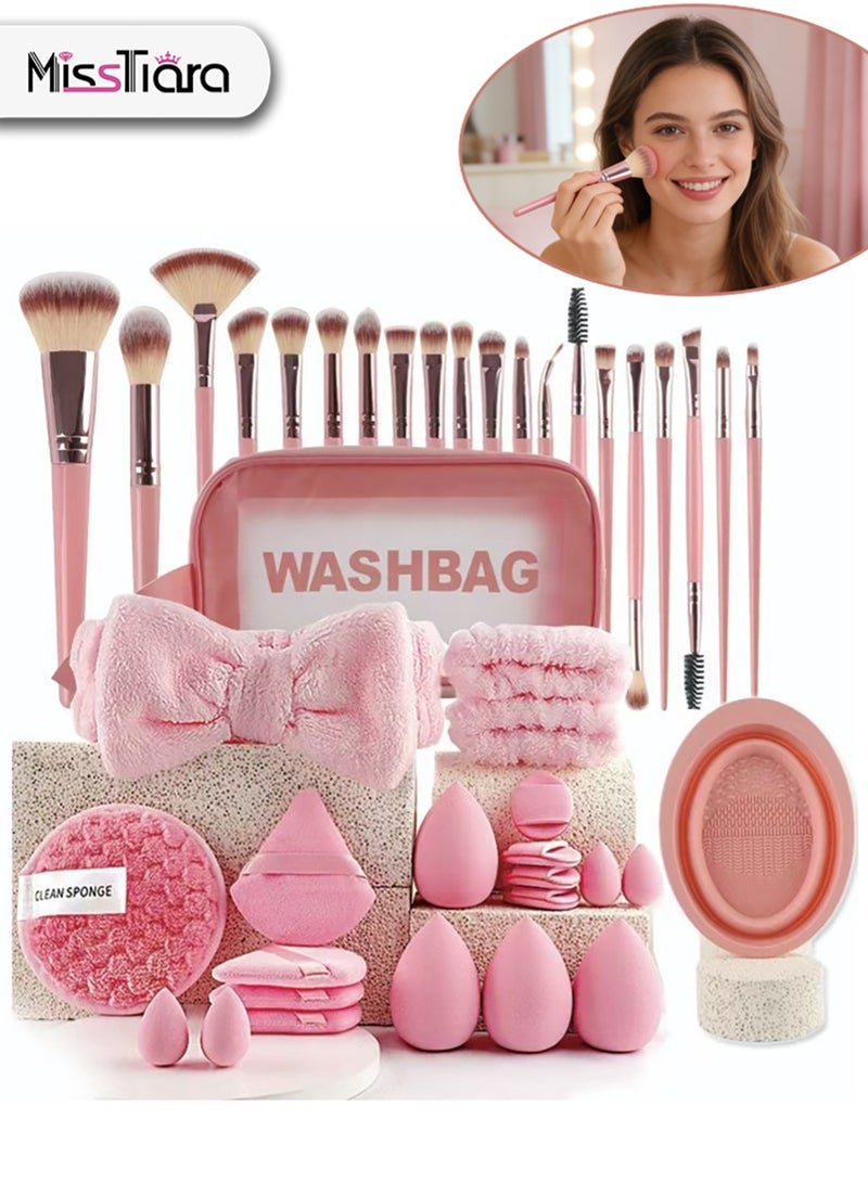 MissTiara Makeup Brushes Set 42PCS Makeup Tool Set Professional Cosmetic Brushes with Makeup Sponges Powder Puffs and Face Wash Headband Wrist Bands Travel Make up Brushes Kit for Women Girls - Image 1