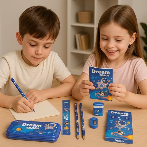 FancyHub Dream Space Stationery Kit for Kids – 7-Piece School Supplies Set with Pencil Box,Pencils, Eraser, Sharpener, Ruler & Crayons – Cute Astronaut & Rocket Theme - Image 5