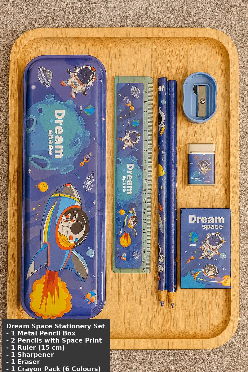 FancyHub Dream Space Stationery Kit for Kids – 7-Piece School Supplies Set with Pencil Box,Pencils, Eraser, Sharpener, Ruler & Crayons – Cute Astronaut & Rocket Theme - Image 3
