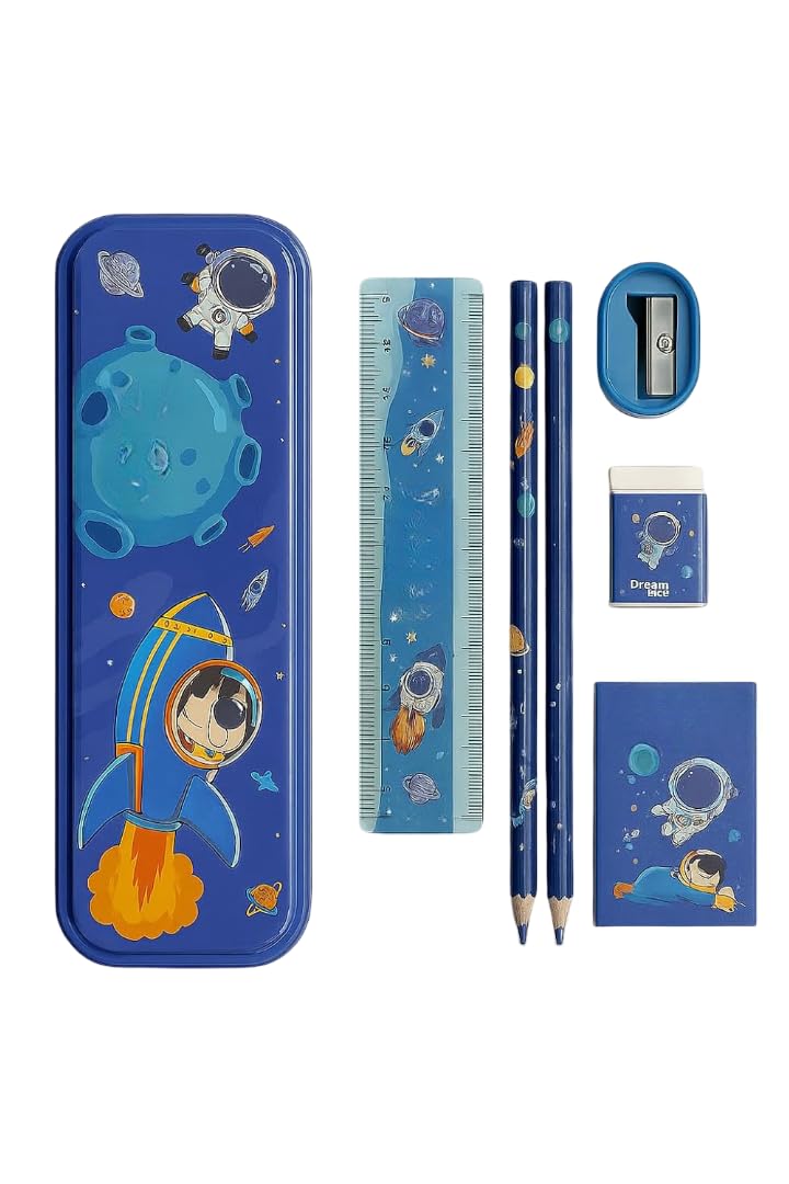 FancyHub Dream Space Stationery Kit for Kids – 7-Piece School Supplies Set with Pencil Box,Pencils, Eraser, Sharpener, Ruler & Crayons – Cute Astronaut & Rocket Theme - Image 1