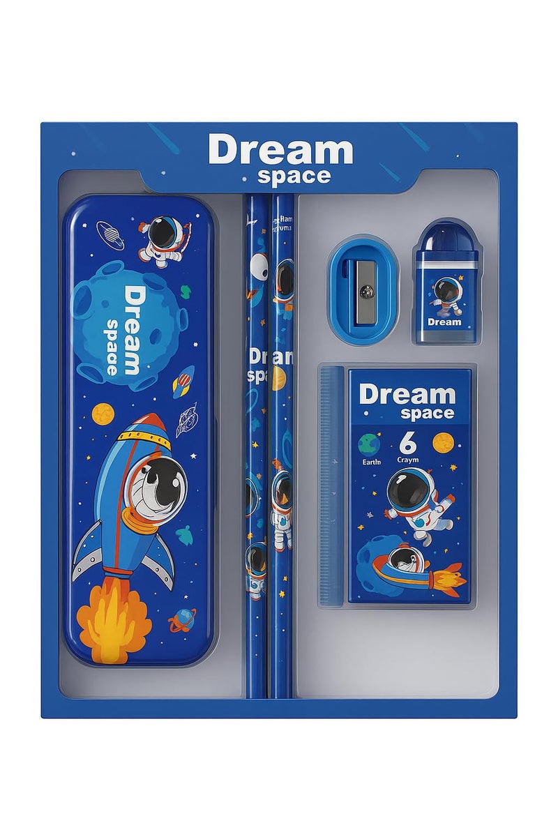 FancyHub Dream Space Stationery Kit for Kids – 7-Piece School Supplies Set with Pencil Box,Pencils, Eraser, Sharpener, Ruler & Crayons – Cute Astronaut & Rocket Theme - Image 2