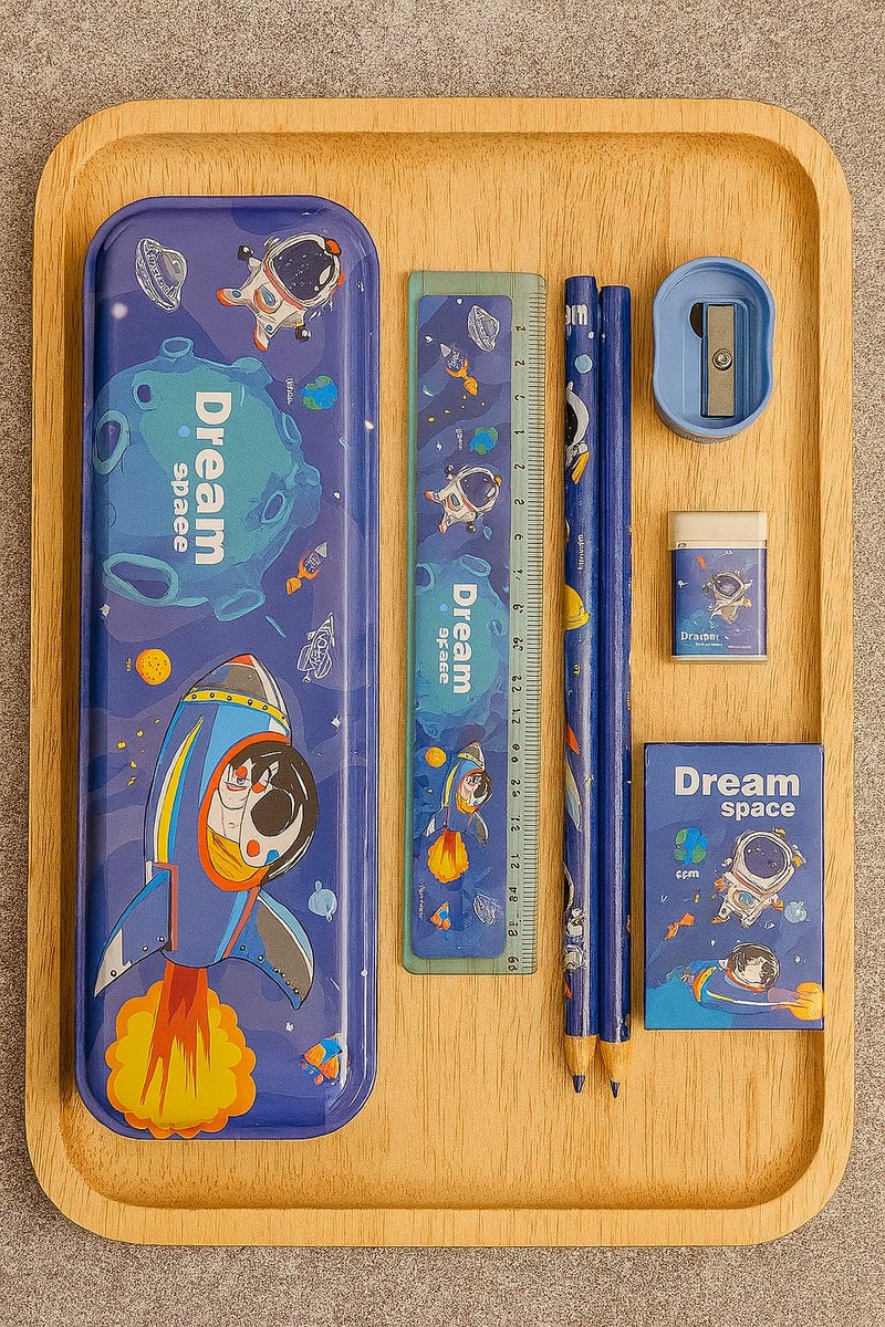 FancyHub Dream Space Stationery Kit for Kids – 7-Piece School Supplies Set with Pencil Box,Pencils, Eraser, Sharpener, Ruler & Crayons – Cute Astronaut & Rocket Theme - Image 4