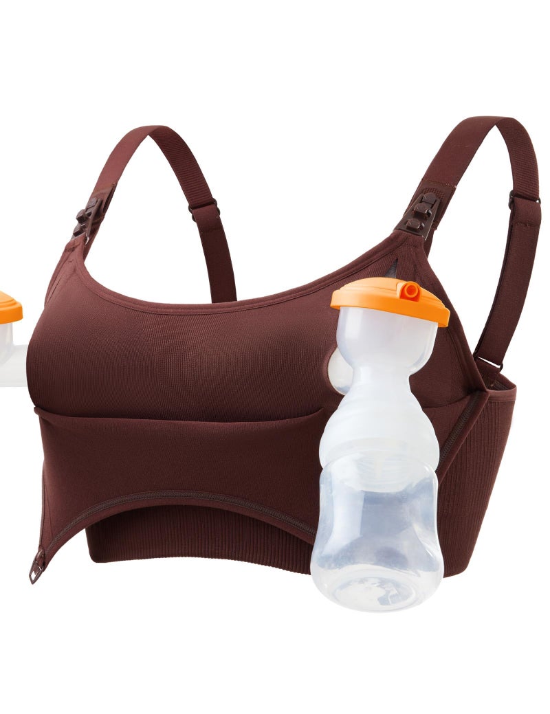HOFISH Pumping Bra Hands Free Comfort PatentedClasps Pumping and Nursing Bra in One Seamless Breast Pump Bra All Day Wear Brown M - Image 1