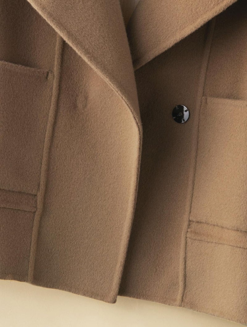 utcoco Womens Short Wool Pea Coat Notched Lapel Cropped Woolen Trench Coat with Pockets (Large, Light Brown) - Image 4