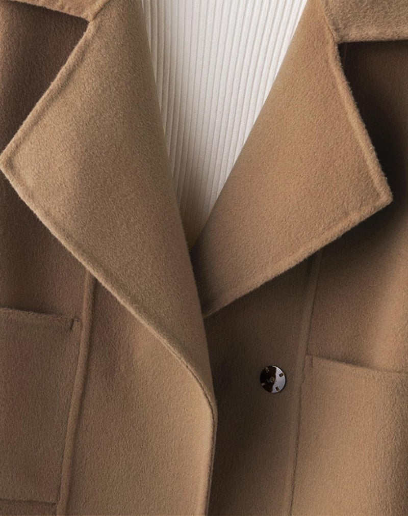 utcoco Womens Short Wool Pea Coat Notched Lapel Cropped Woolen Trench Coat with Pockets (Large, Light Brown) - Image 2