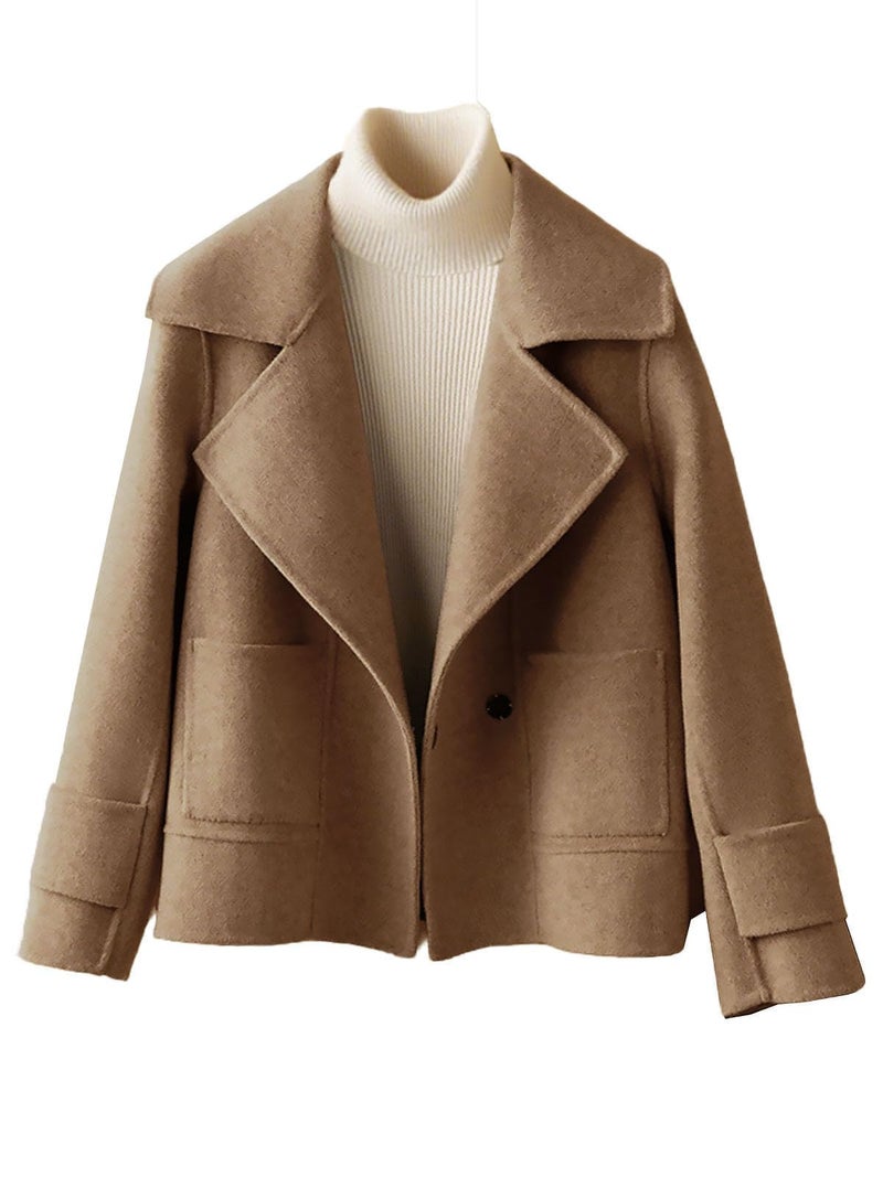 utcoco Womens Short Wool Pea Coat Notched Lapel Cropped Woolen Trench Coat with Pockets (Large, Light Brown) - Image 1