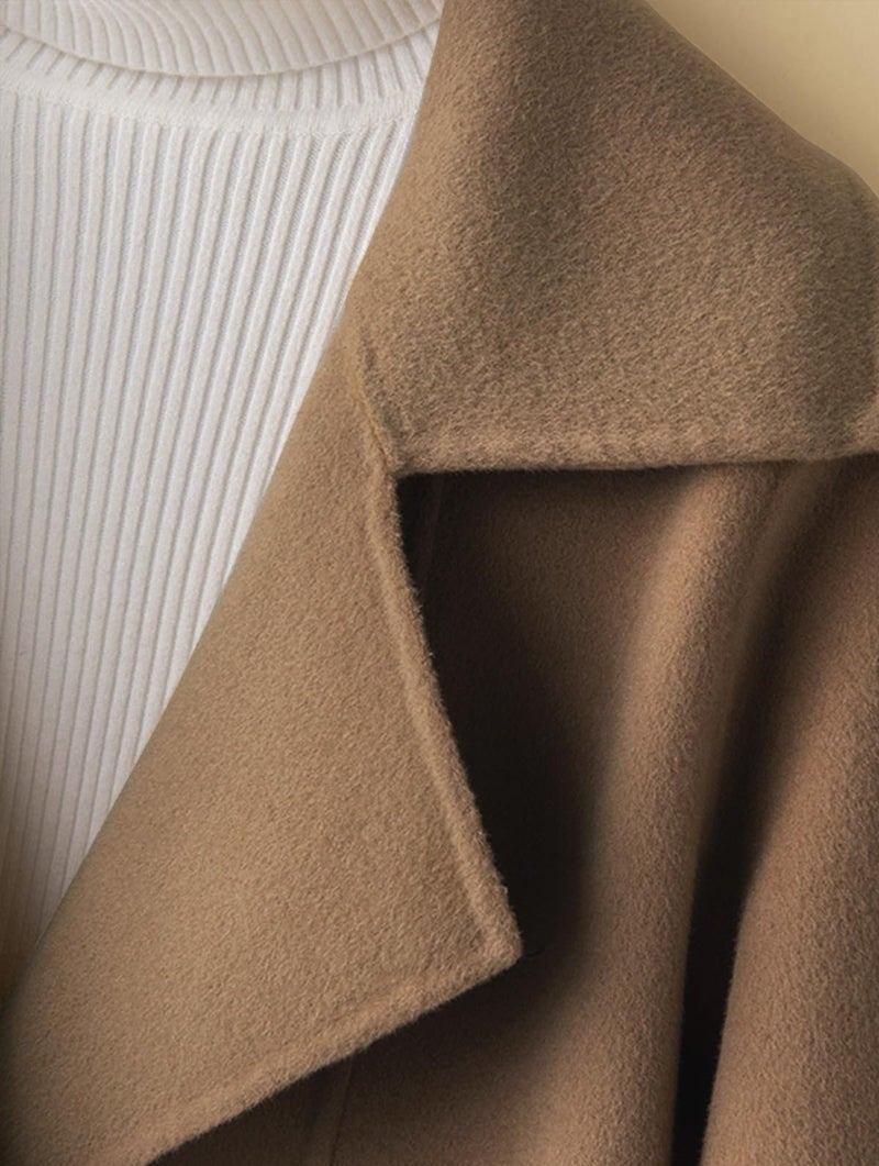 utcoco Womens Short Wool Pea Coat Notched Lapel Cropped Woolen Trench Coat with Pockets (Large, Light Brown) - Image 3