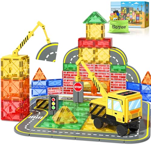 Soyee Magnetic Tiles Magnetic Building Blocks Crane Truck STEM Building Toys for Kids 3 4 5 6 7 8 Year Old Boys Girls Birthday Xmas Gifts - Image 1
