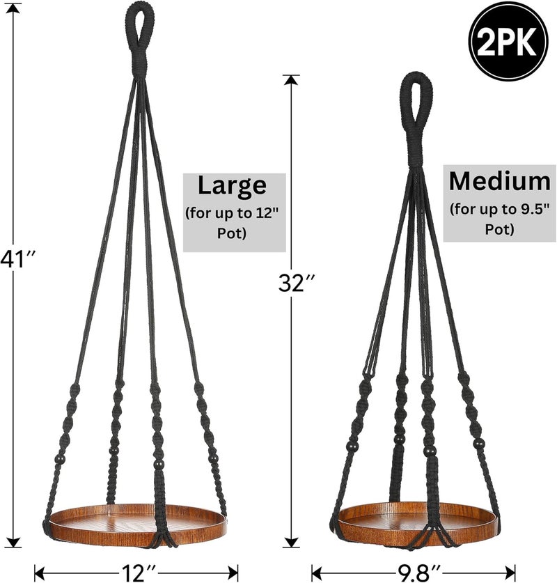 Shineloha 2 Pack Macrame Plant Hanger | Plant Hanger Indoor, Hanging Planter Shelf | Hanging Planter (Black) (1 Large + 1 Medium) - Image 5