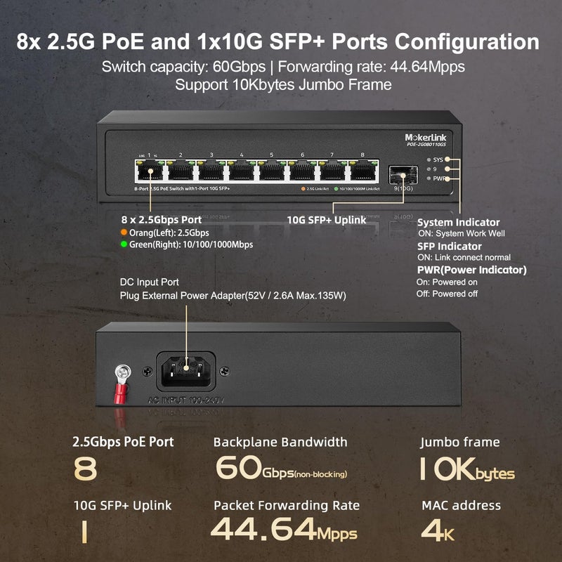 MokerLink 8 منافذ 2.5G PoE سويتش مع فتحة SFP+ 10G، 8 منافذ Base-T 2.5G، متوافقة مع 10/100/1000 ميجابت في الثانية، IEEE8023af/at PoE 120 واط، معدني غير مُدار بدون مروحة، سويتش شبكة صغير - Image 4