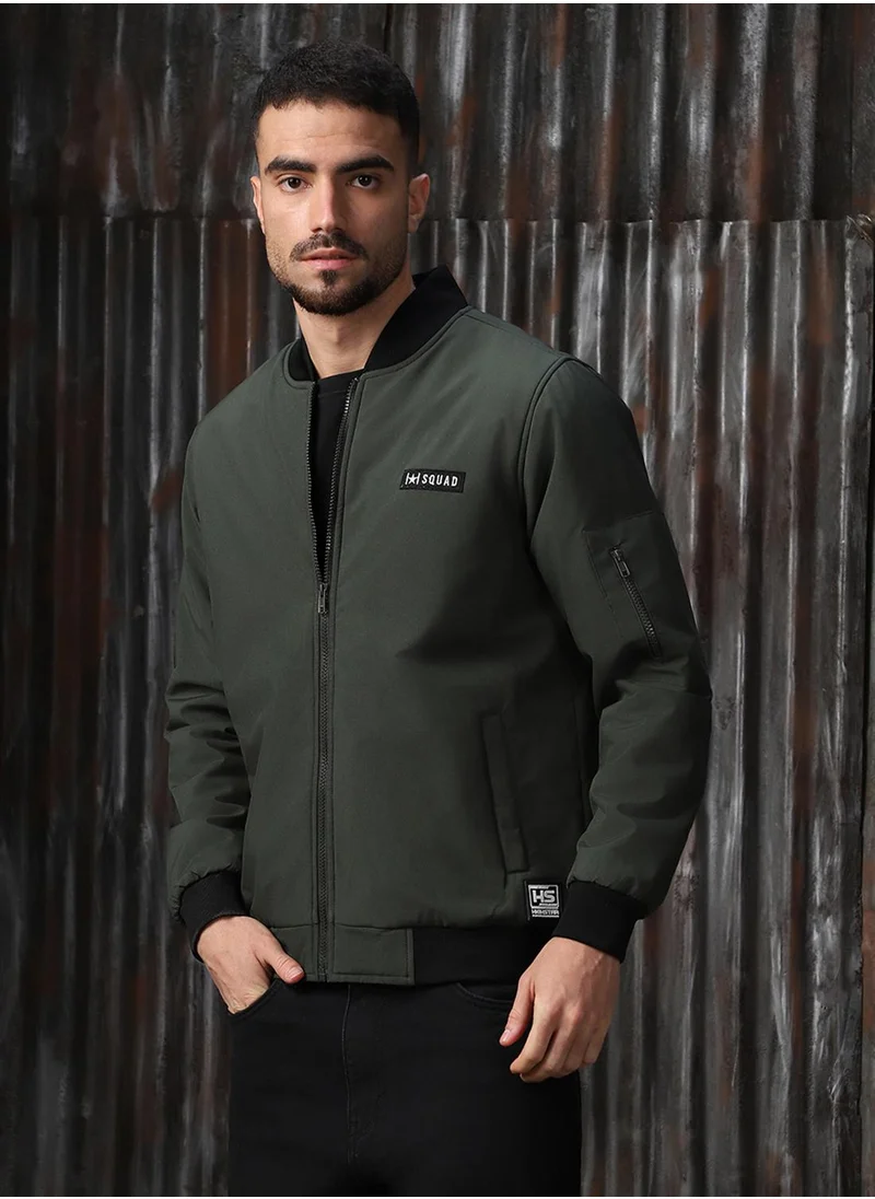 HIGH STAR Men's Olive 100% Polyester Printed Relaxed Fit Jacket