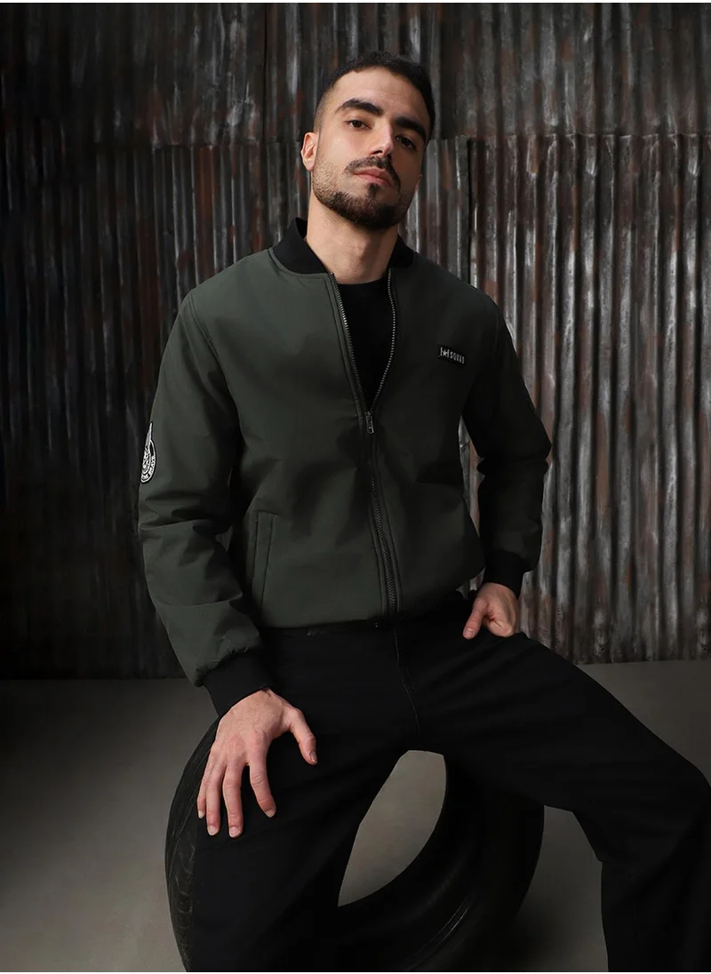 HIGH STAR Men's Olive 100% Polyester Printed Relaxed Fit Jacket