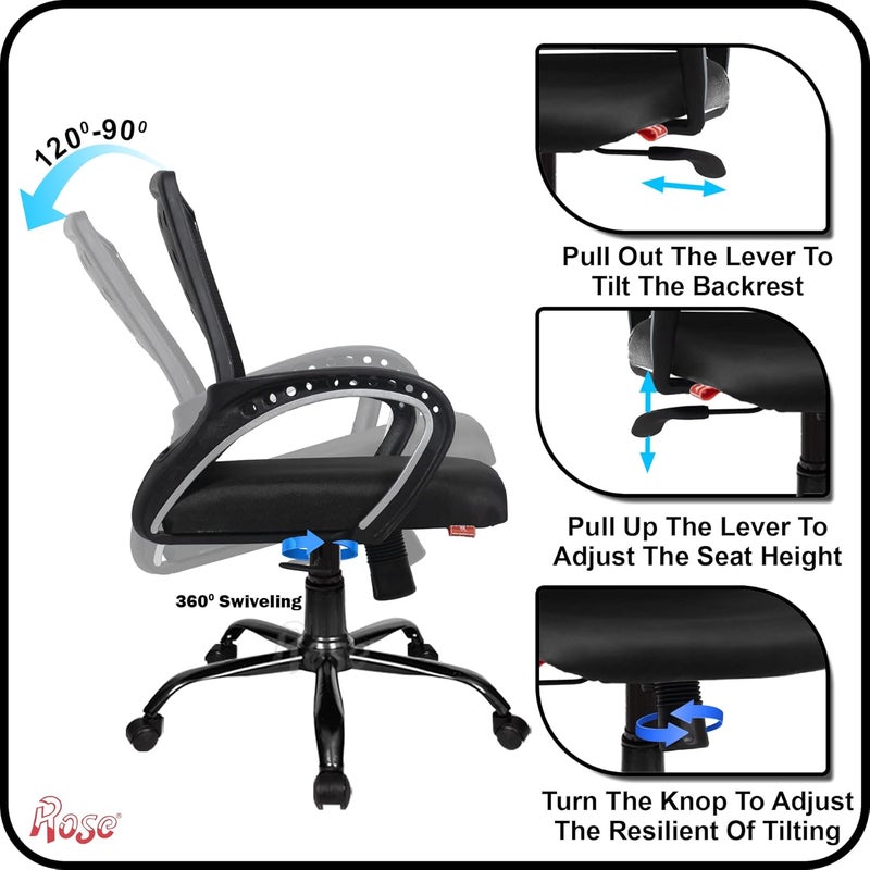 Rose ROSE Blazia Comfortable Mesh MidBack Ergonomic Office Chair  3 Years Warranty Included  Revolving Study  Computer Chair for Work from Home Black  - Image 3