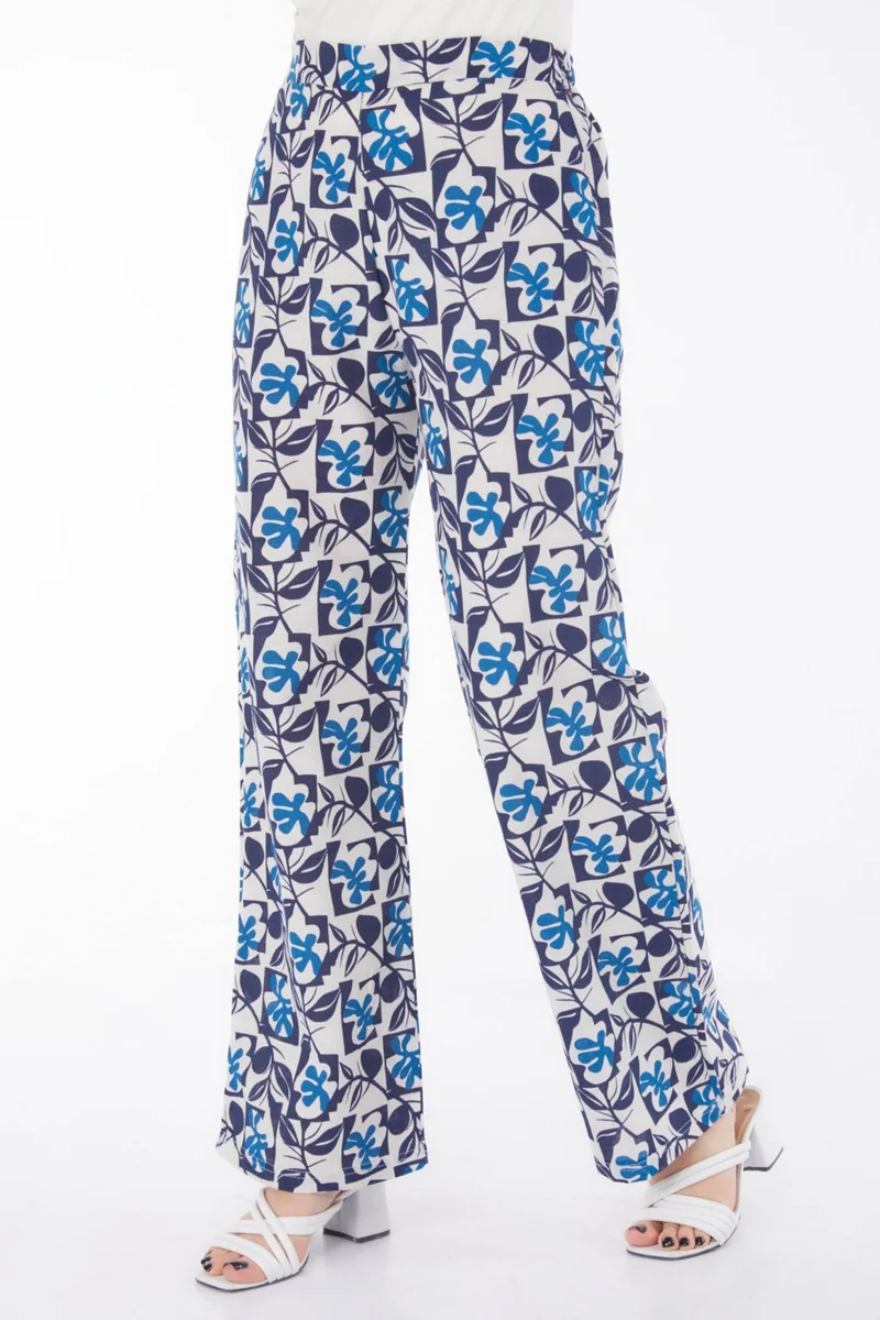 Tofisa Plain Mid Women's Navy Blue Leaf Pattern Trousers - 13214