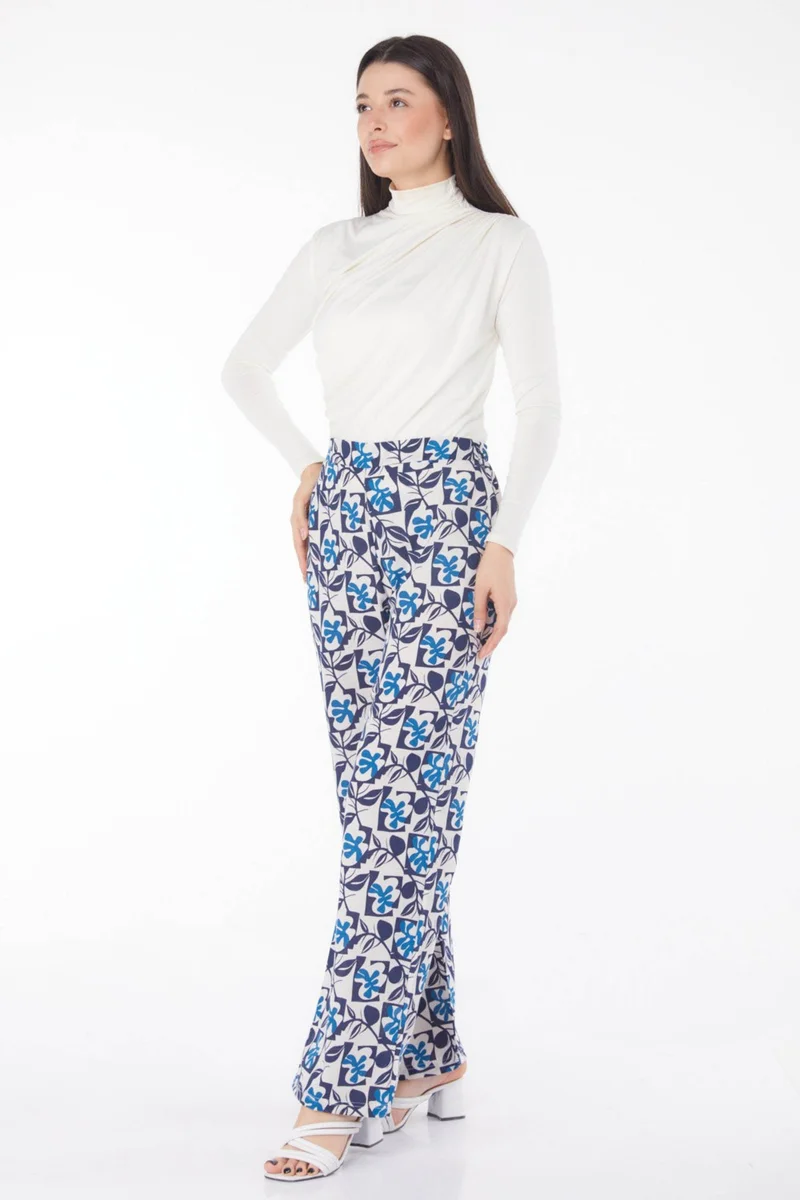 Tofisa Plain Mid Women's Navy Blue Leaf Pattern Trousers - 13214