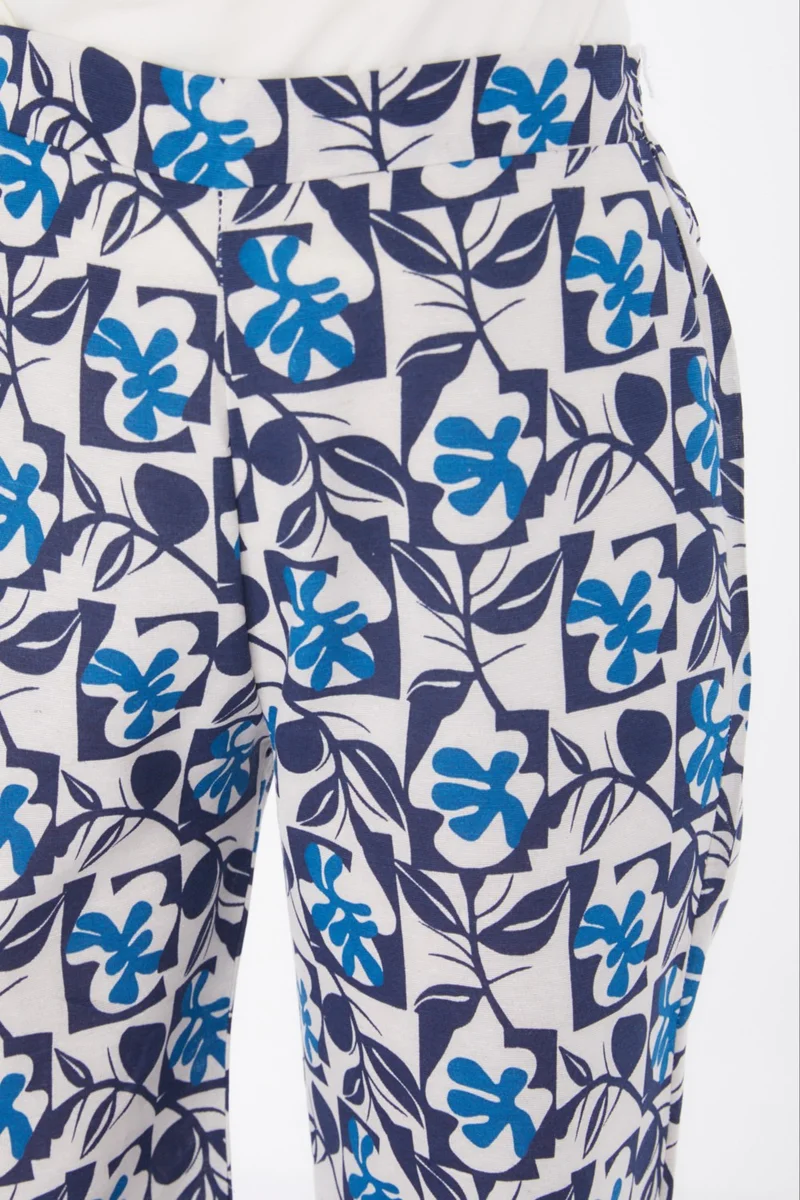 Tofisa Plain Mid Women's Navy Blue Leaf Pattern Trousers - 13214