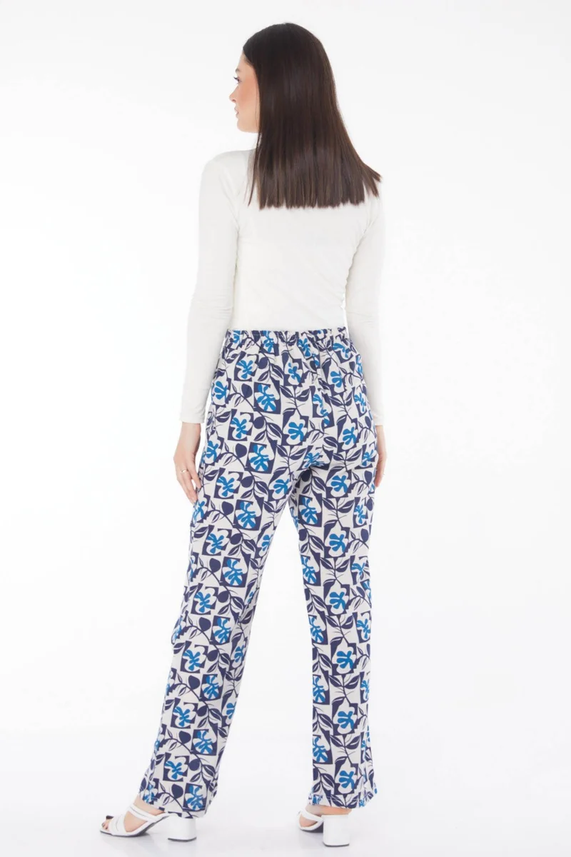 Tofisa Plain Mid Women's Navy Blue Leaf Pattern Trousers - 13214