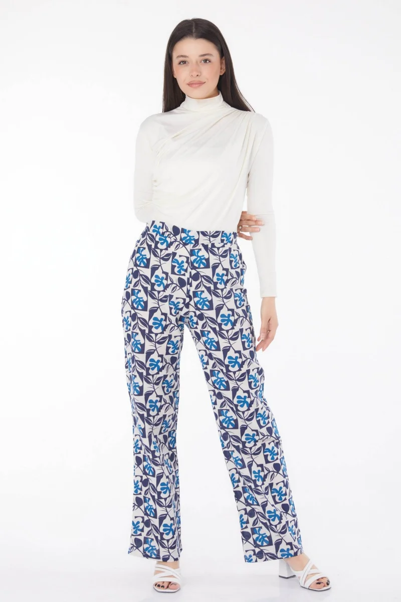 Tofisa Plain Mid Women's Navy Blue Leaf Pattern Trousers - 13214