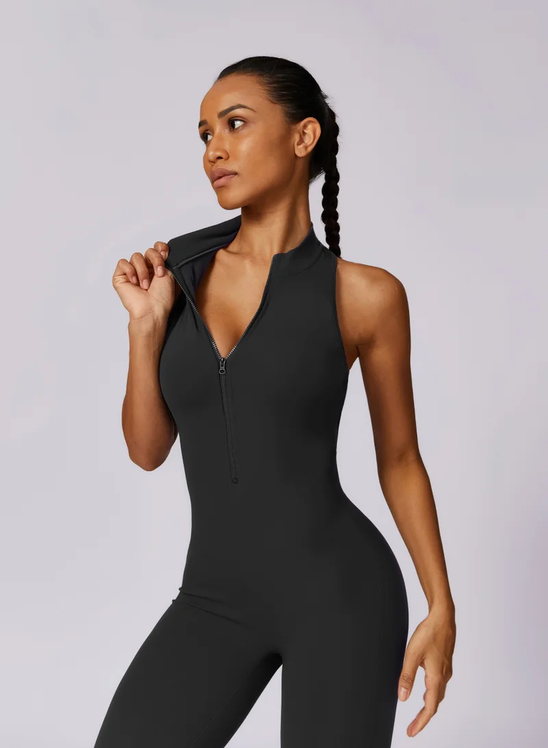 KAWN.YOGA Licorice Black Womens High-Neck Low Back Sleeveless Scrunch Jumpsuit for Women | Best Price UAE