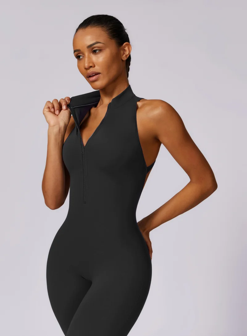 KAWN.YOGA Licorice Black Womens High-Neck Low Back Sleeveless Scrunch Jumpsuit for Women | Best Price UAE
