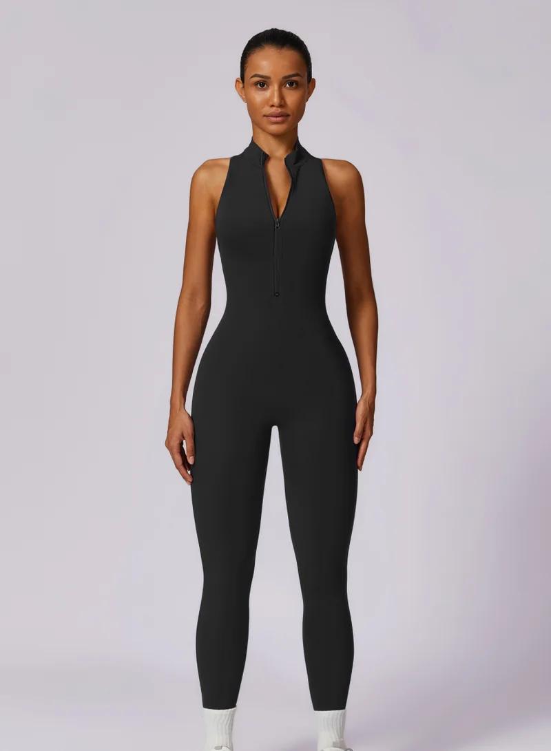 KAWN.YOGA Licorice Black Womens High-Neck Low Back Sleeveless Scrunch Jumpsuit for Women | Best Price UAE