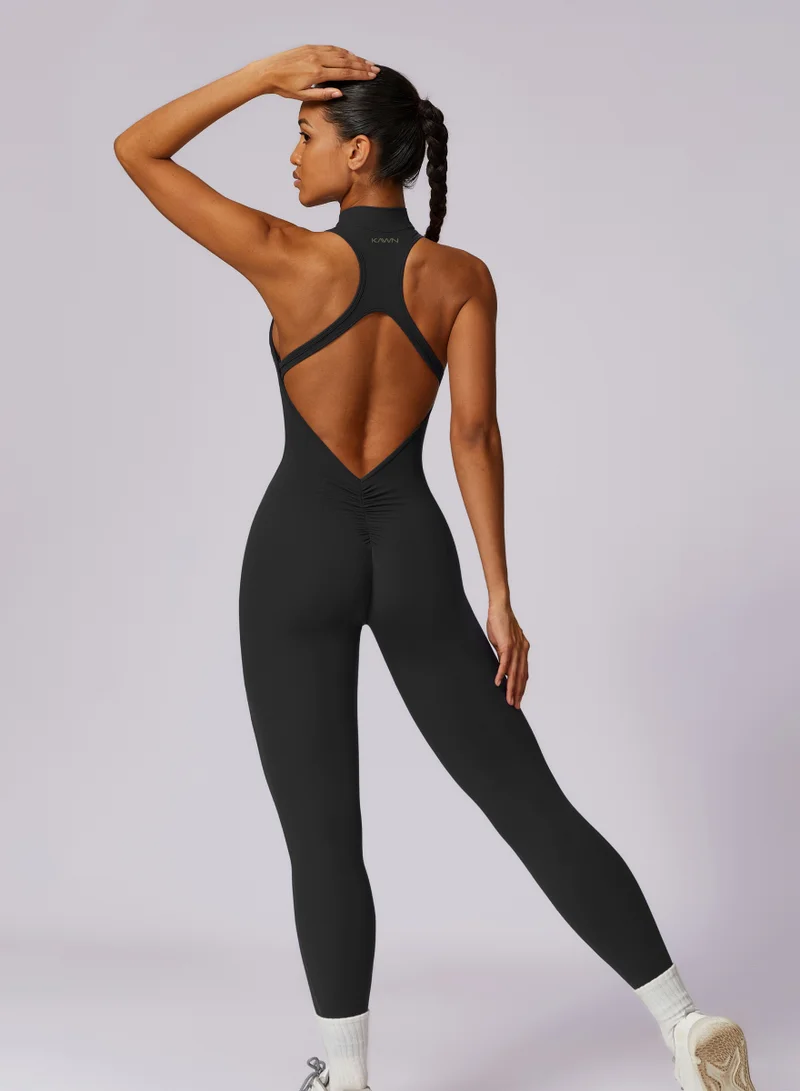 Womens High-Neck Low Back Sleeveless Scrunch Jumpsuit