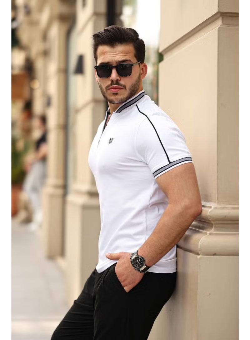 Miron White College Collar Half Zipper Short Sleeve T-Shirt - 2408 - Image 1