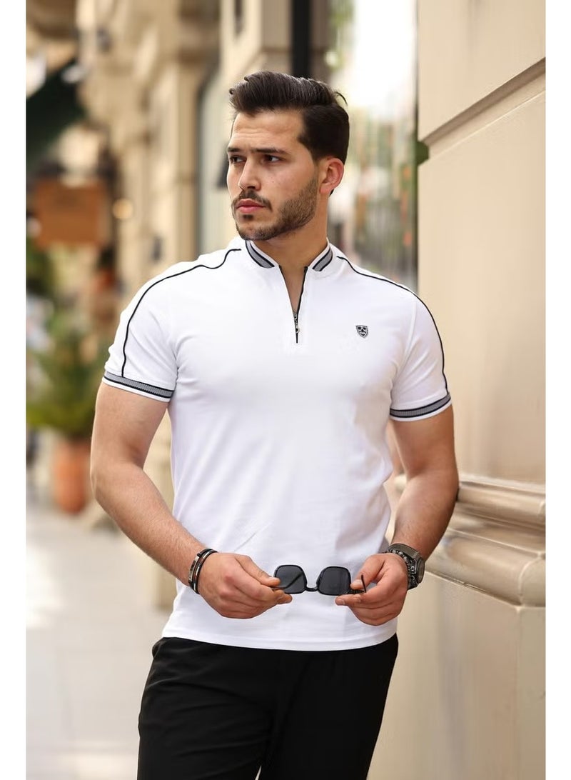 Miron White College Collar Half Zipper Short Sleeve T-Shirt - 2408 - Image 3
