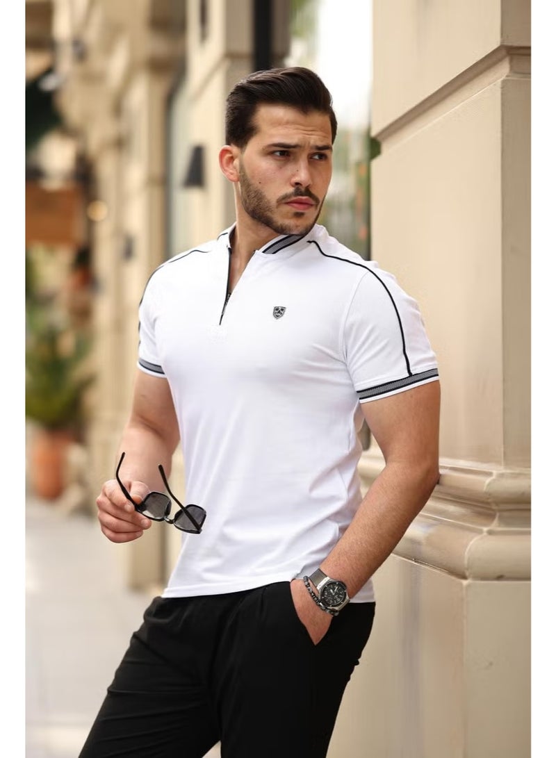 Miron White College Collar Half Zipper Short Sleeve T-Shirt - 2408 - Image 2