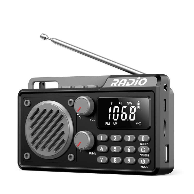 kamapulo Portable Radio AM FM 1500mAh Rechargeable with Best Reception, Transistor shortwave Radio Wireless Bluetooth Speaker, with Large LCD Screen, Support TF Card U Disk, Earphone, Sleep Timer (Black) - Image 1