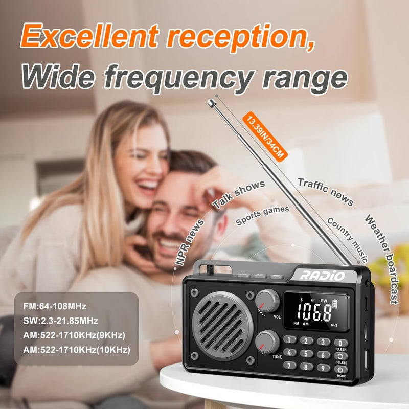 kamapulo Portable Radio AM FM 1500mAh Rechargeable with Best Reception, Transistor shortwave Radio Wireless Bluetooth Speaker, with Large LCD Screen, Support TF Card U Disk, Earphone, Sleep Timer (Black) - Image 4