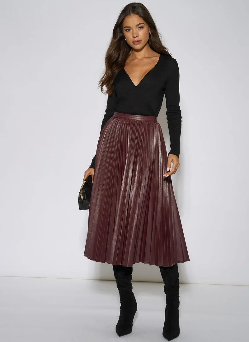 Gini London Burgundy Pleated Faux Leather Midi Skirt