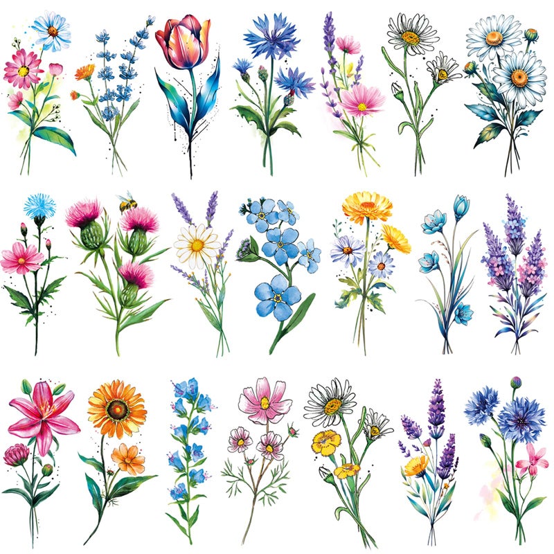 Tazimi 20 Sheets 3D Watercolor Flowers Temporary Tattoos For Women Girls Lily Daisy Lavender Dandelion Rose Tiny Floral Tattoos Sticker Realistic Long Lasting Fake Tattoo Stickers - Image 1
