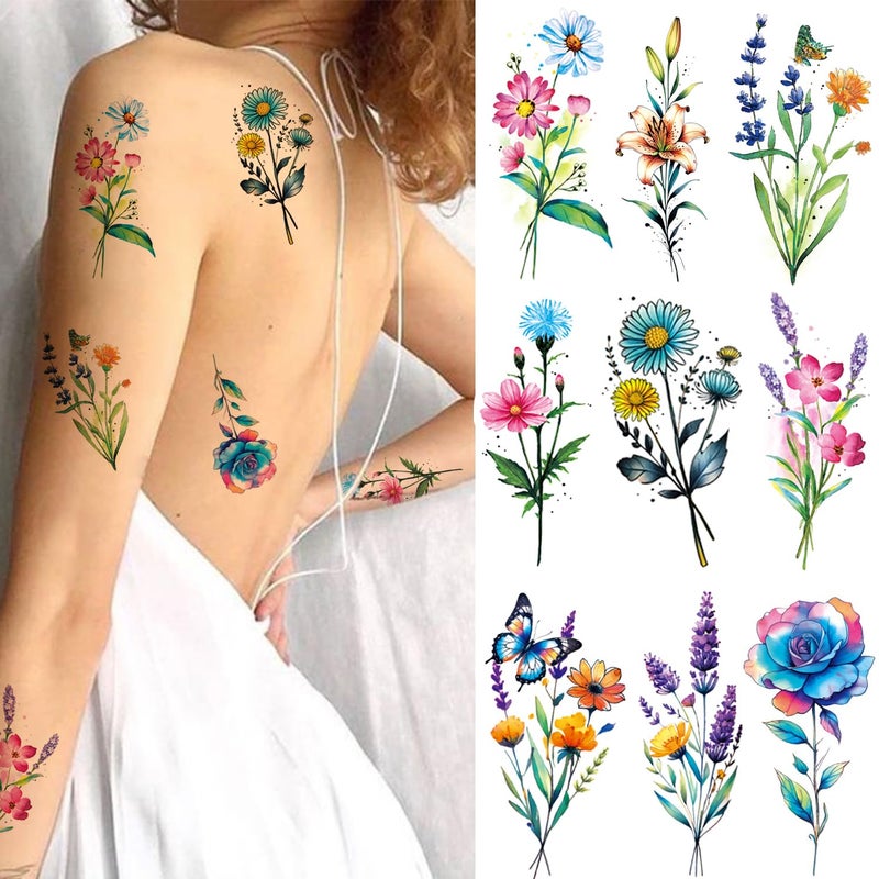 Tazimi 20 Sheets 3D Watercolor Flowers Temporary Tattoos For Women Girls Lily Daisy Lavender Dandelion Rose Tiny Floral Tattoos Sticker Realistic Long Lasting Fake Tattoo Stickers - Image 5