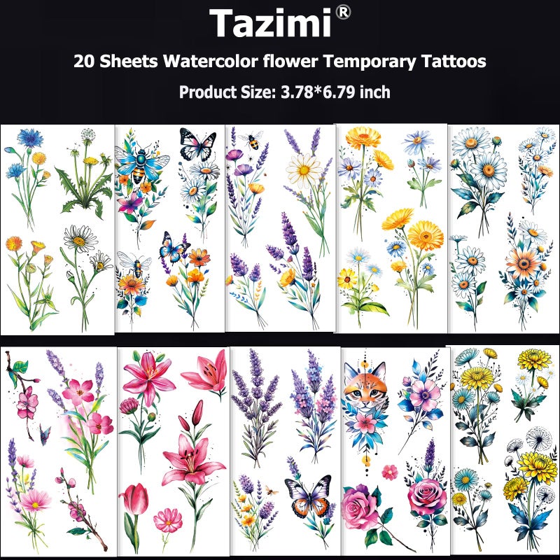 Tazimi 20 Sheets 3D Watercolor Flowers Temporary Tattoos For Women Girls Lily Daisy Lavender Dandelion Rose Tiny Floral Tattoos Sticker Realistic Long Lasting Fake Tattoo Stickers - Image 3