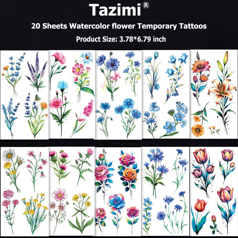 Tazimi 20 Sheets 3D Watercolor Flowers Temporary Tattoos For Women Girls Lily Daisy Lavender Dandelion Rose Tiny Floral Tattoos Sticker Realistic Long Lasting Fake Tattoo Stickers - Image 4