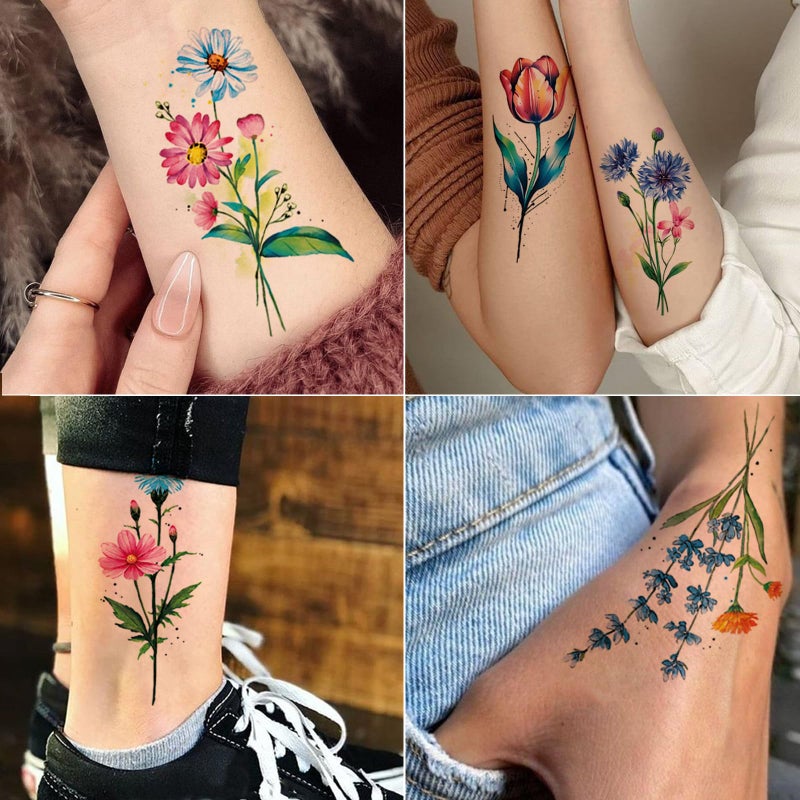 Tazimi 20 Sheets 3D Watercolor Flowers Temporary Tattoos For Women Girls Lily Daisy Lavender Dandelion Rose Tiny Floral Tattoos Sticker Realistic Long Lasting Fake Tattoo Stickers - Image 2