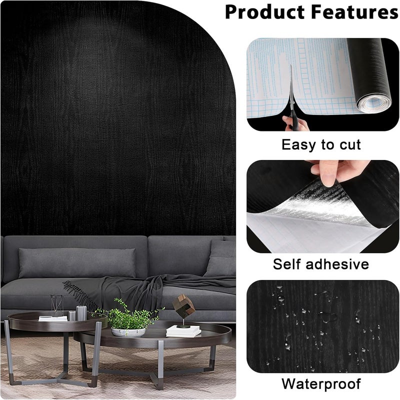 ARS Black Wallpaper Wood Grain Contact Paper Peel and Stick Wall Paper Waterproof Self Adhesive Thickened Vinyl Wrap for Countertops Cabinets Desk Decorative Film Easy to Clean - Image 4