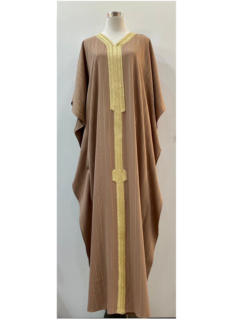 ANOHI TEXTILES - Linen Jellabiya with mix Cotton and Crepe Brown Color - Image 1