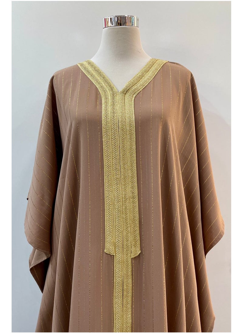 ANOHI TEXTILES - Linen Jellabiya with mix Cotton and Crepe Brown Color - Image 1