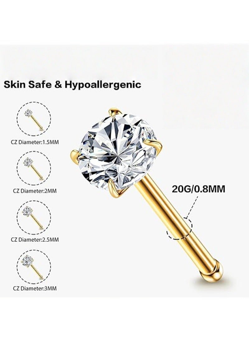 4PCS 14K Solid Gold 1.5/2/2.5/3mm Clear CZ Bone Nose Studs - Image 2