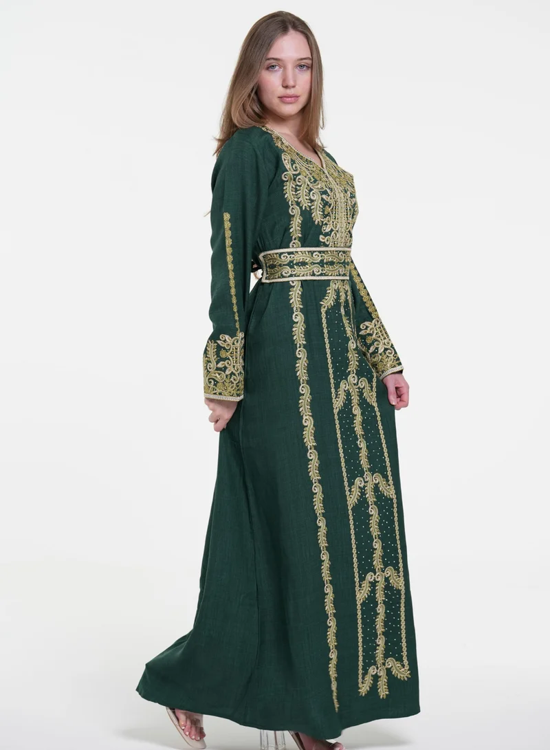 AL BENT AL SHARQIEH dark green v neck jalabiya dress for Women | Best Price UAE
