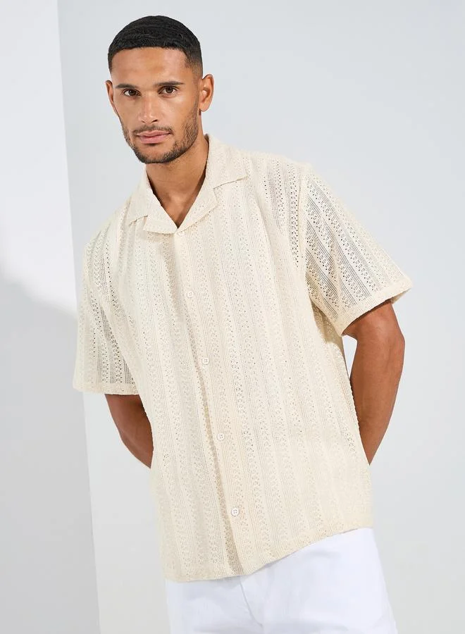 Styli Cotton Textured Resort Collar Relaxed Knit Shirt