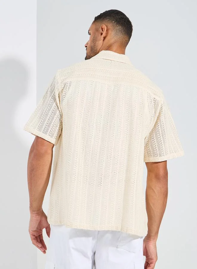 Styli Cotton Textured Resort Collar Relaxed Knit Shirt