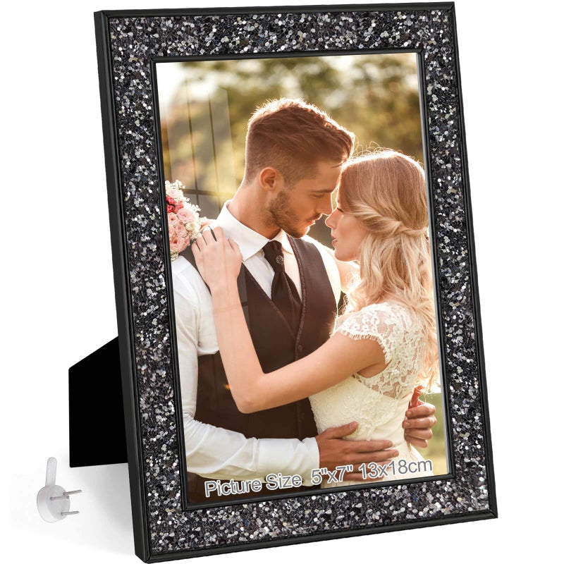 HIKWADERY 5x7 Picture Frame Glitter  Black Bling 5 by 7 Photo Frames with HD Real Glass  for Wall or Tabletop Display (5 x 7  Black) - Image 1