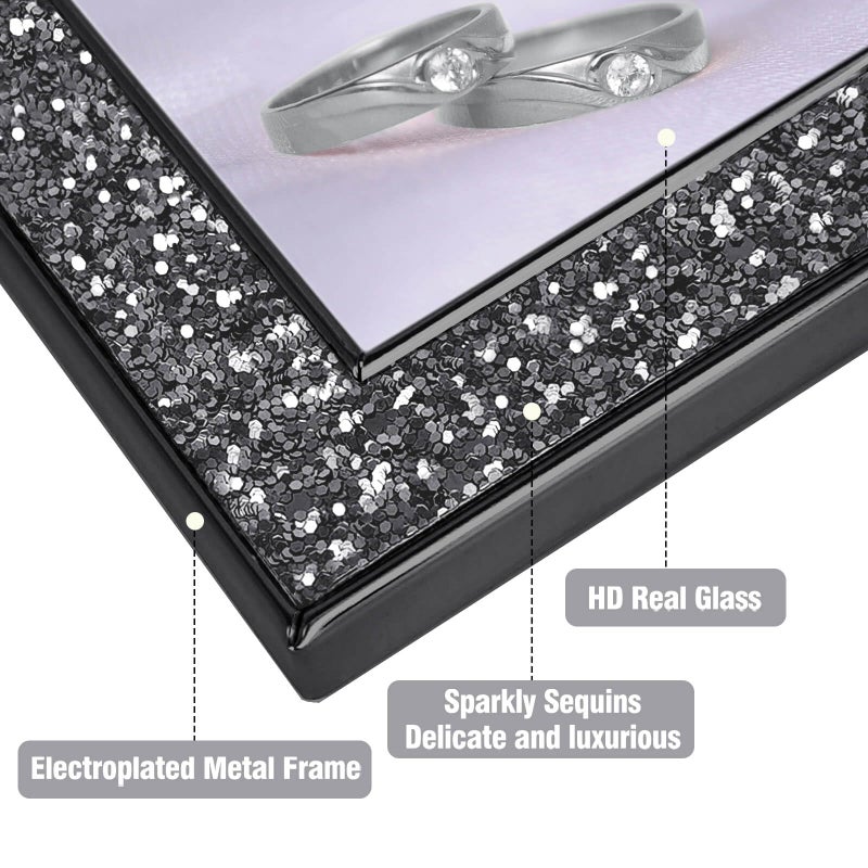 HIKWADERY 5x7 Picture Frame Glitter  Black Bling 5 by 7 Photo Frames with HD Real Glass  for Wall or Tabletop Display (5 x 7  Black) - Image 2