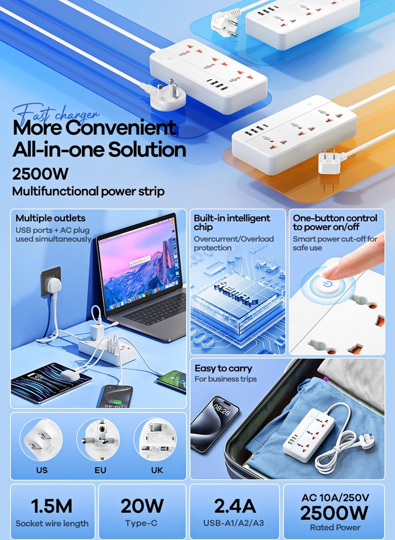 ريماكس مشترك كهرباء، منافذ تيار متردد وشحن سريع، سلك تمديد عالمي للسفر مع منافذ، حماية من التحميل الزائد، كابل، للمنزل والمكتب - Image 2