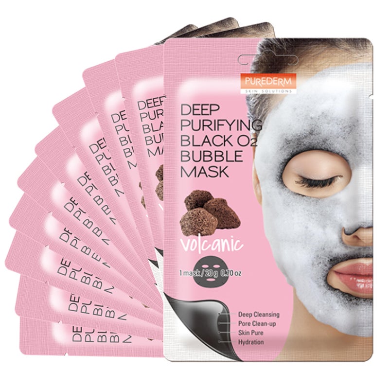 Purederm Deep Purifying Black O2 Bubble Mask Volcanic 10 Pack Bubble Face Sheet Mask for Purifying Deep Cleansing