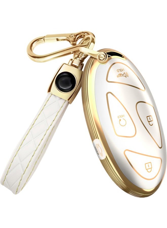 Lucrum for Hyundai IONIQ 6 Key Fob Cover and Leather Keychain, 5 Buttons Full Cover Key Case for Santa Fe, Grandeur, KONA, Elantra - 2022-2025 TPU Keyfob Cover for NYOMBEC7FOB2208 - White and Gold - Image 1