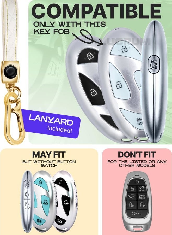 Lucrum for Hyundai IONIQ 6 Key Fob Cover and Leather Keychain, 5 Buttons Full Cover Key Case for Santa Fe, Grandeur, KONA, Elantra - 2022-2025 TPU Keyfob Cover for NYOMBEC7FOB2208 - White and Gold - Image 2